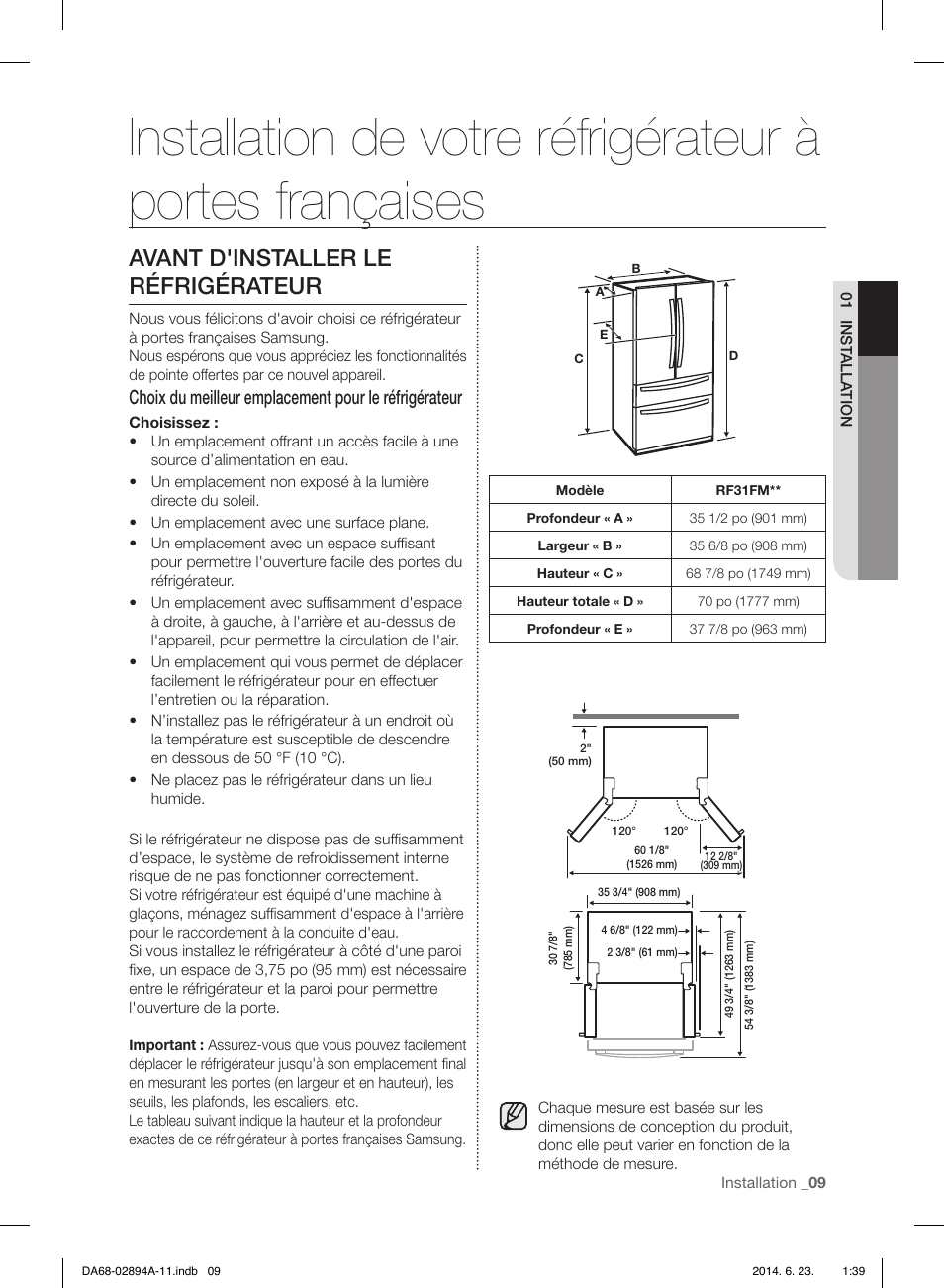 Avant d'installer le réfrigérateur | Samsung RF31FMEDBSR-AA User Manual | Page 113 / 156