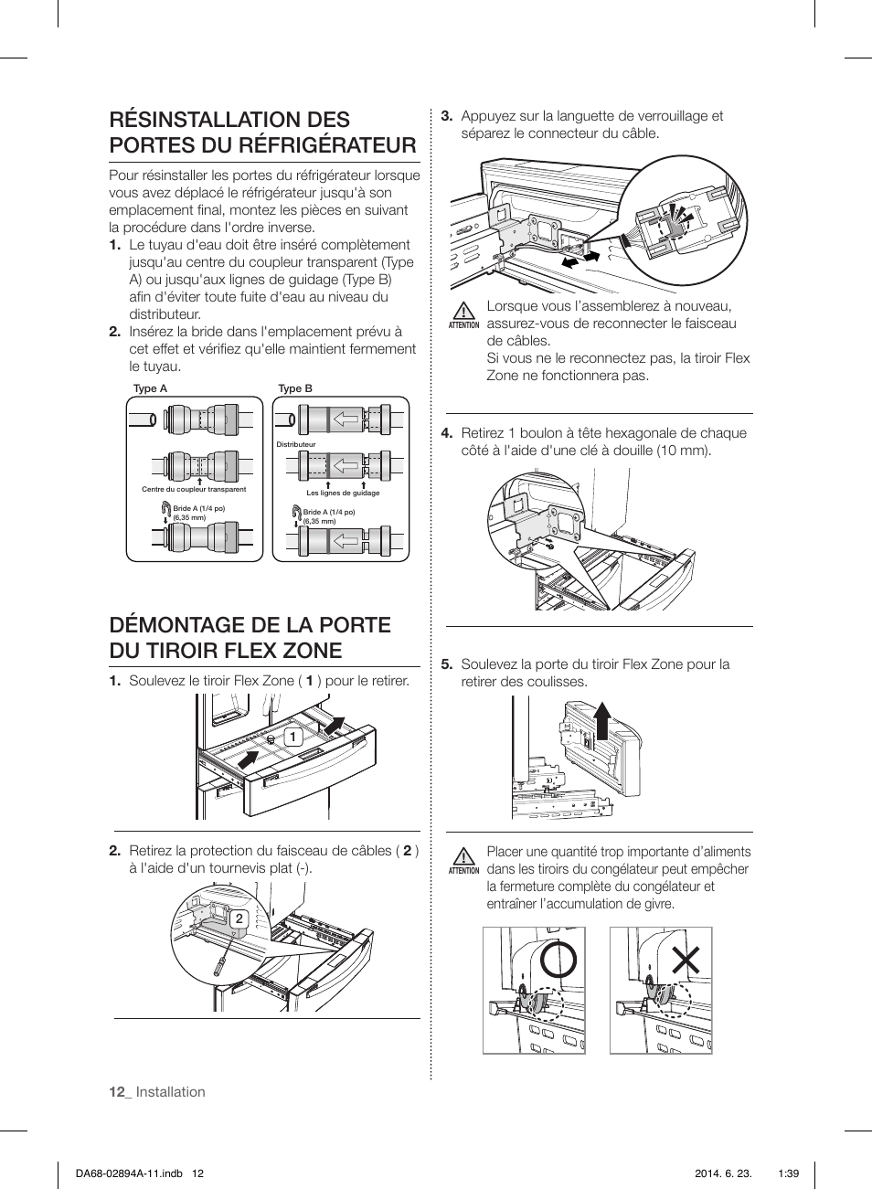 Résinstallation des portes du réfrigérateur, Démontage de la porte du tiroir flex zone | Samsung RF31FMEDBSR-AA User Manual | Page 116 / 156