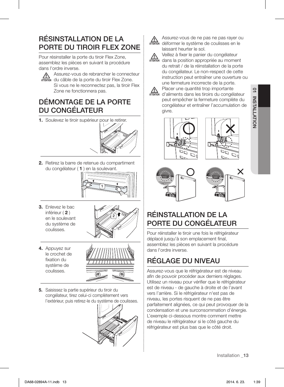 Résinstallation de la porte du tiroir flex zone, Démontage de la porte du congélateur, Réinstallation de la porte du congélateur | Réglage du niveau | Samsung RF31FMEDBSR-AA User Manual | Page 117 / 156