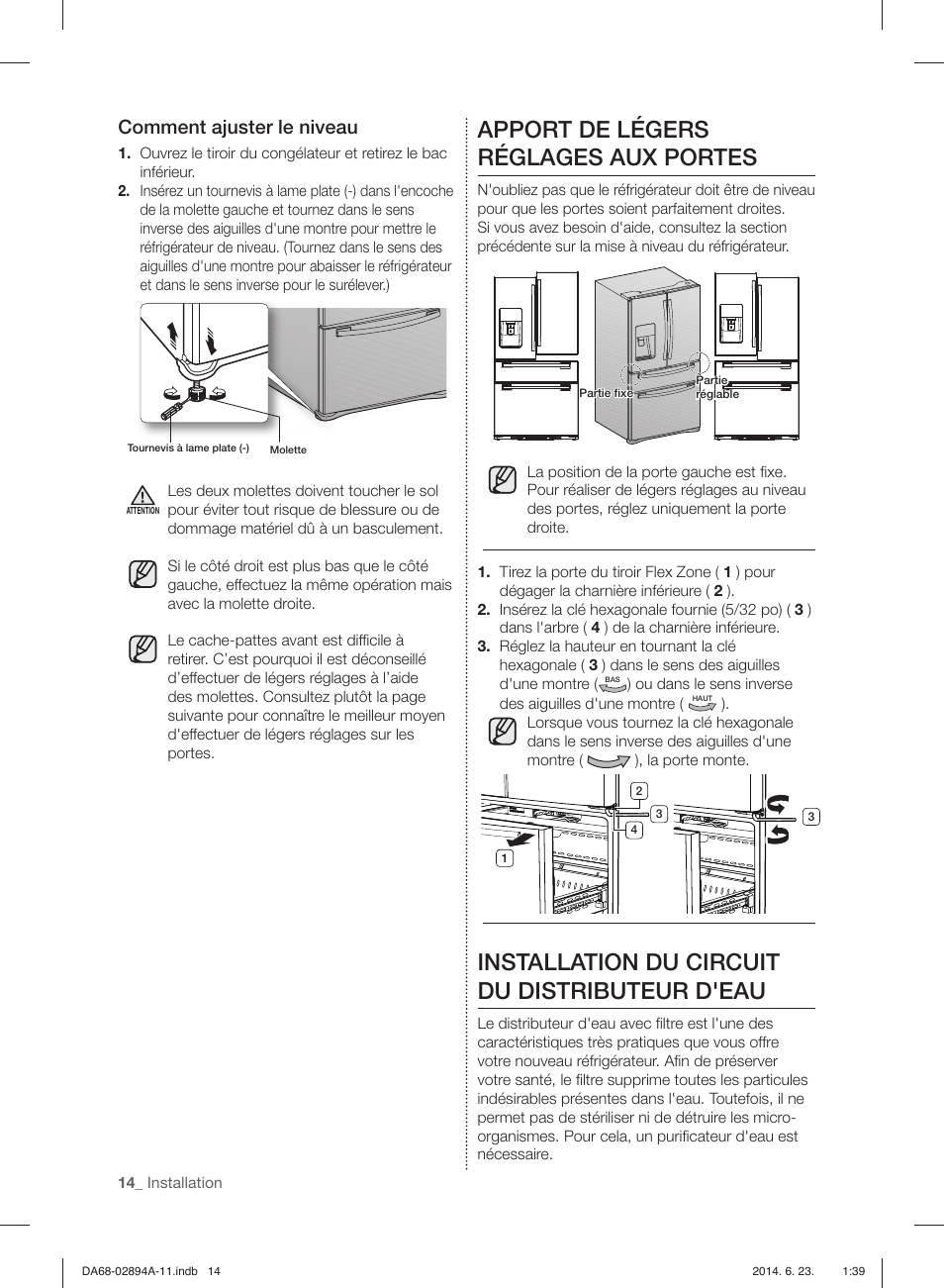 Apport de légers réglages aux portes, Installation du circuit du distributeur d'eau, Comment ajuster le niveau | Samsung RF31FMEDBSR-AA User Manual | Page 118 / 156