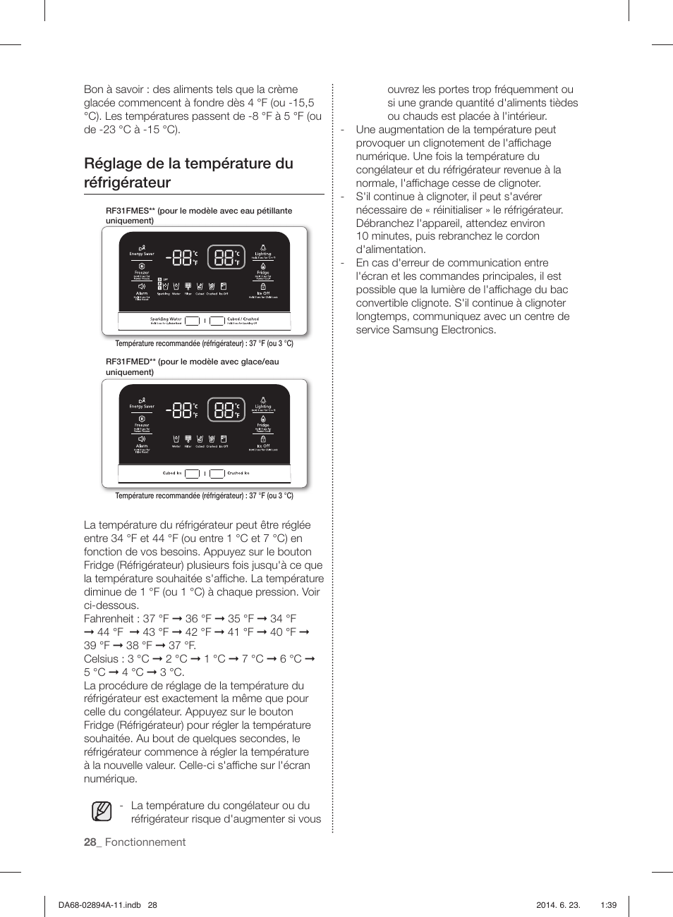 Réglage de la température du réfrigérateur | Samsung RF31FMEDBSR-AA User Manual | Page 132 / 156