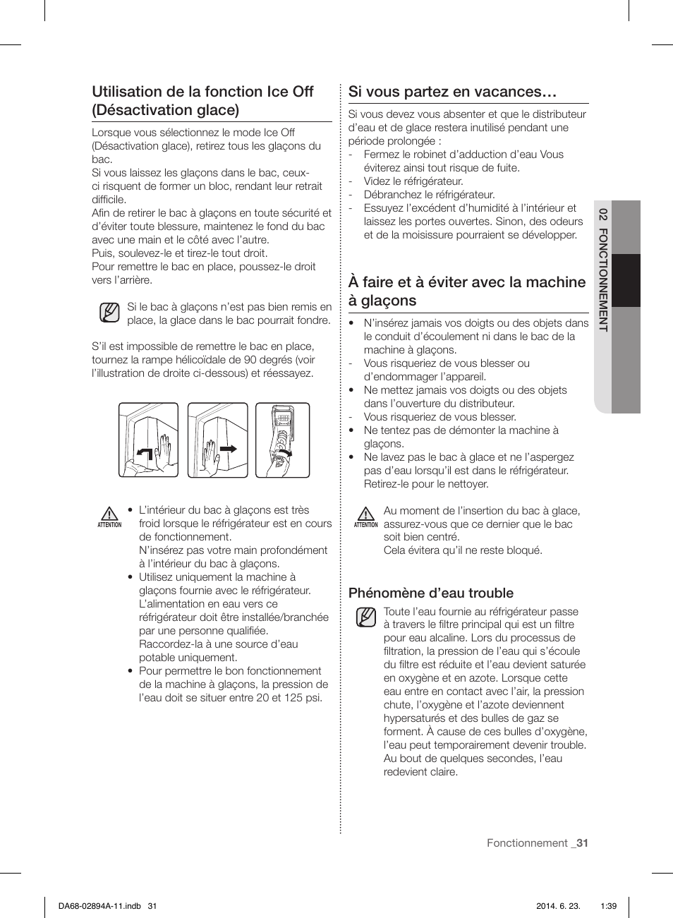 Si vous partez en vacances, À faire et à éviter avec la machine à glaçons, Phénomène d’eau trouble | Samsung RF31FMEDBSR-AA User Manual | Page 135 / 156