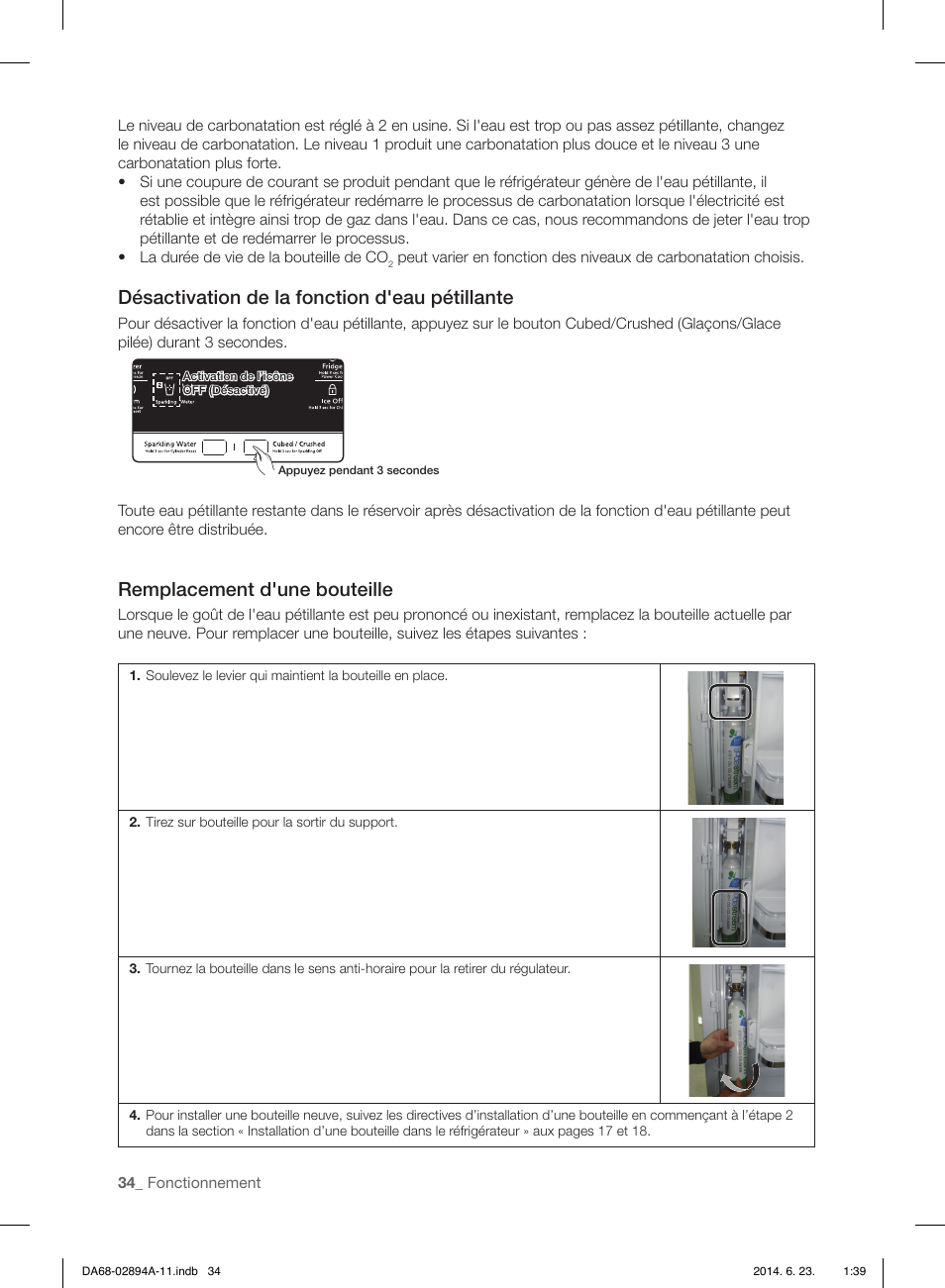 Désactivation de la fonction d'eau pétillante, Remplacement d'une bouteille | Samsung RF31FMEDBSR-AA User Manual | Page 138 / 156