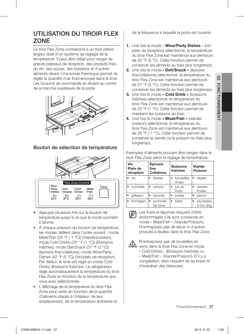 Utilisation du tiroir flex zone, Bouton de sélection de température | Samsung RF31FMEDBSR-AA User Manual | Page 141 / 156