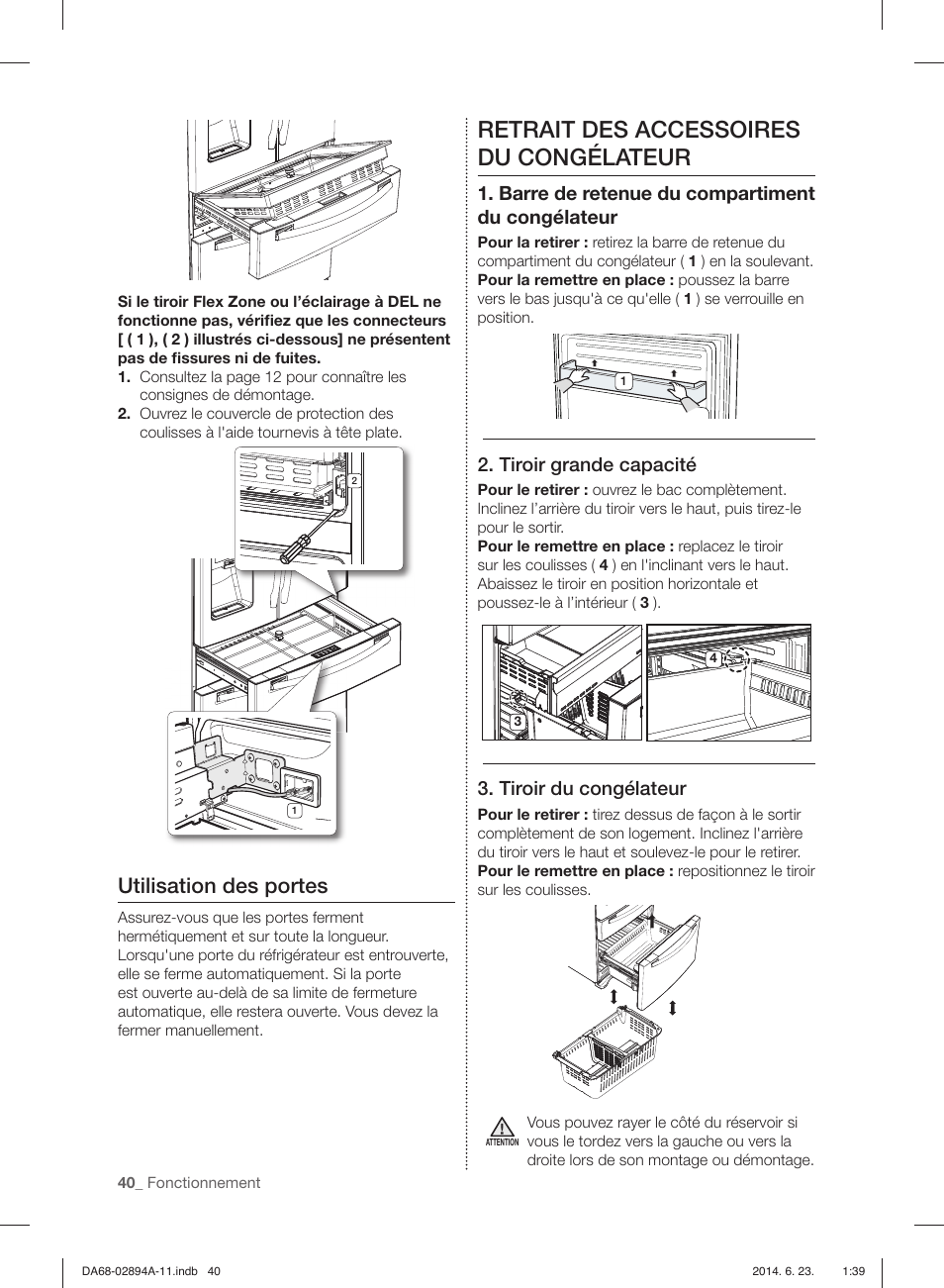 Retrait des accessoires du congélateur, Utilisation des portes, Barre de retenue du compartiment du congélateur | Tiroir grande capacité, Tiroir du congélateur | Samsung RF31FMEDBSR-AA User Manual | Page 144 / 156