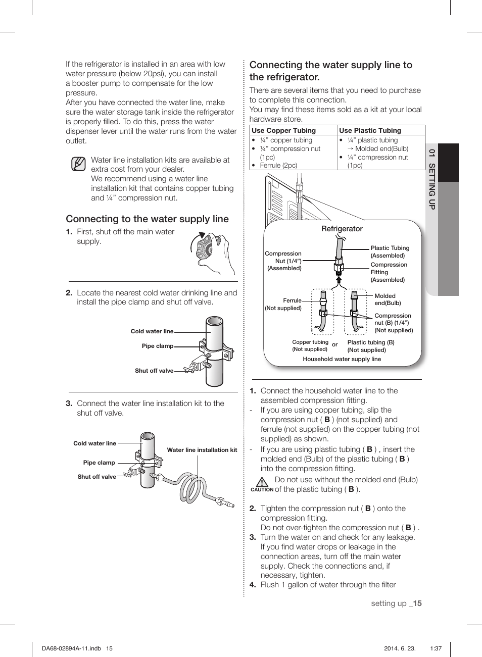 Connecting to the water supply line | Samsung RF31FMEDBSR-AA User Manual | Page 15 / 156