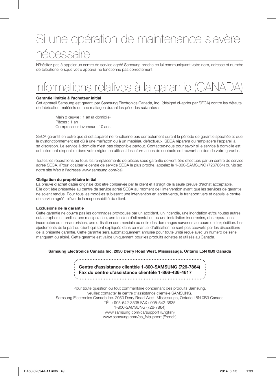 Si une opération de maintenance s'avère nécessaire, Informations relatives à la garantie (canada) | Samsung RF31FMEDBSR-AA User Manual | Page 153 / 156