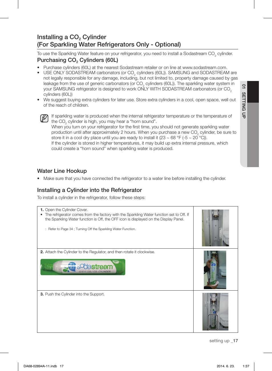 Installing a co, Purchasing co, Cylinders (60l) | Water line hookup, Installing a cylinder into the refrigerator | Samsung RF31FMEDBSR-AA User Manual | Page 17 / 156