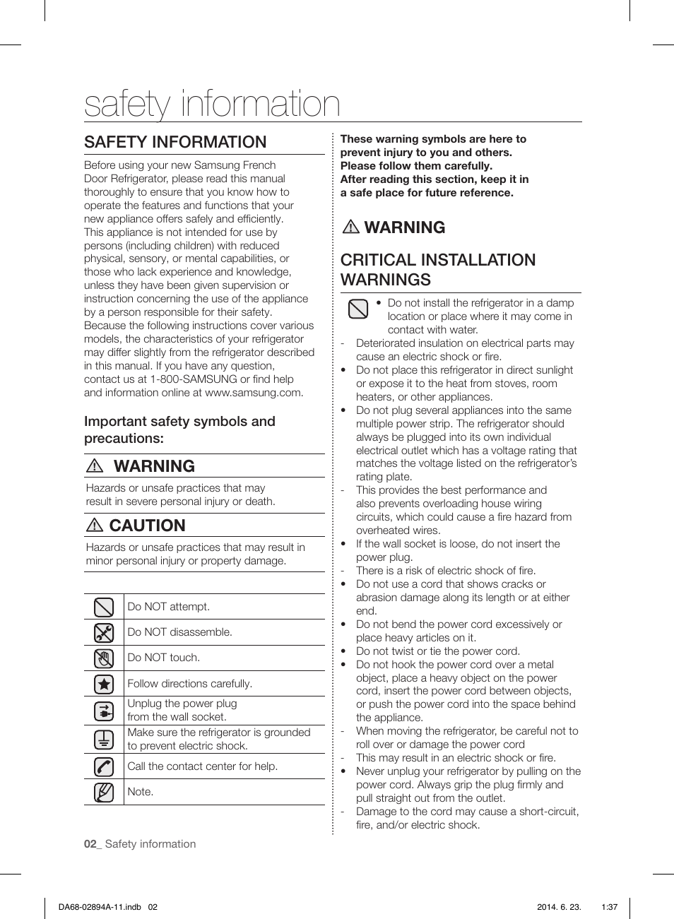 Safety information, Warning, Caution | Warning critical installation warnings | Samsung RF31FMEDBSR-AA User Manual | Page 2 / 156