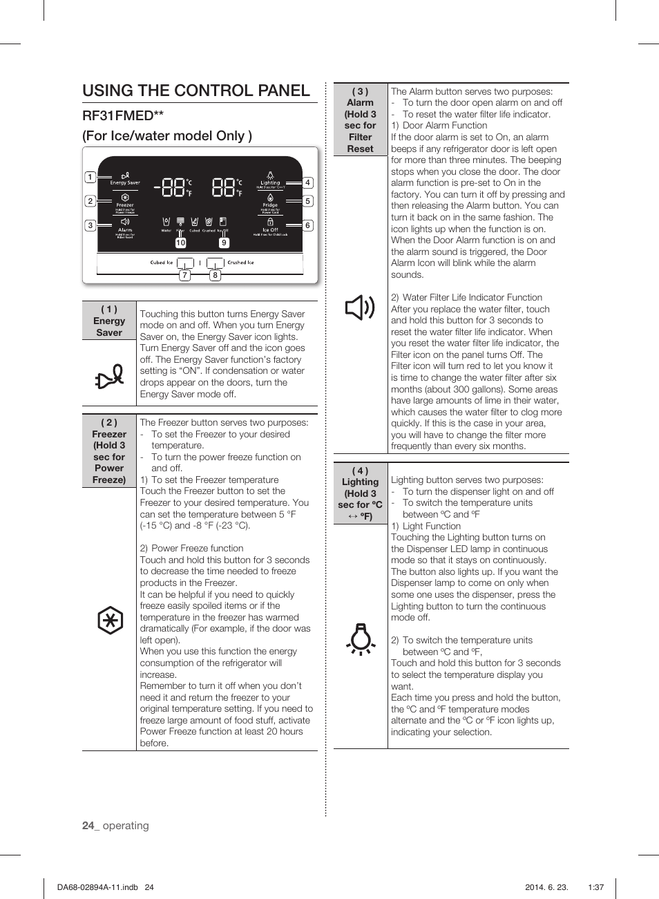 Using the control panel, Rf31fmed** (for ice/water model only ) | Samsung RF31FMEDBSR-AA User Manual | Page 24 / 156