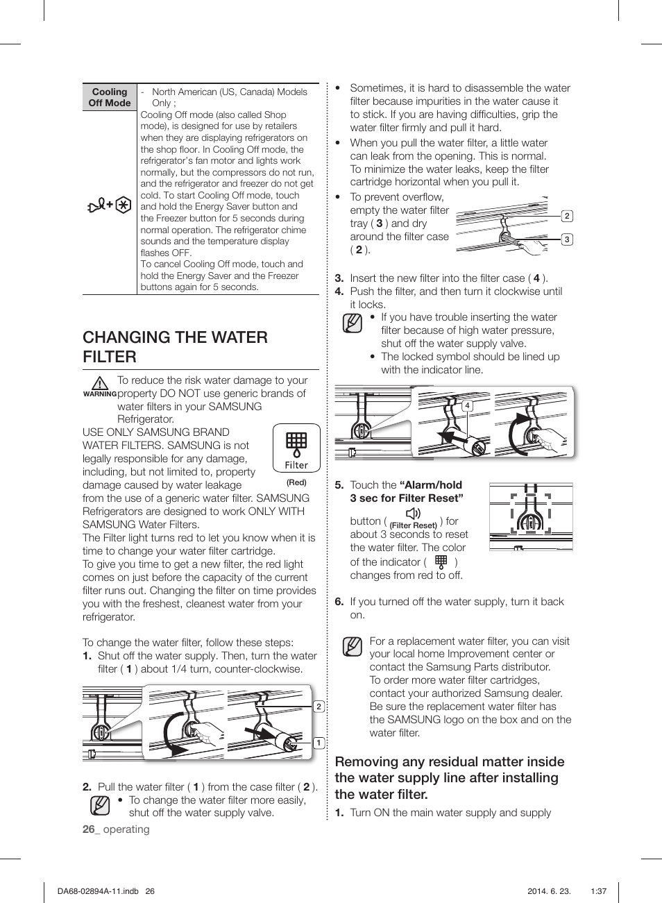 Changing the water filter | Samsung RF31FMEDBSR-AA User Manual | Page 26 / 156