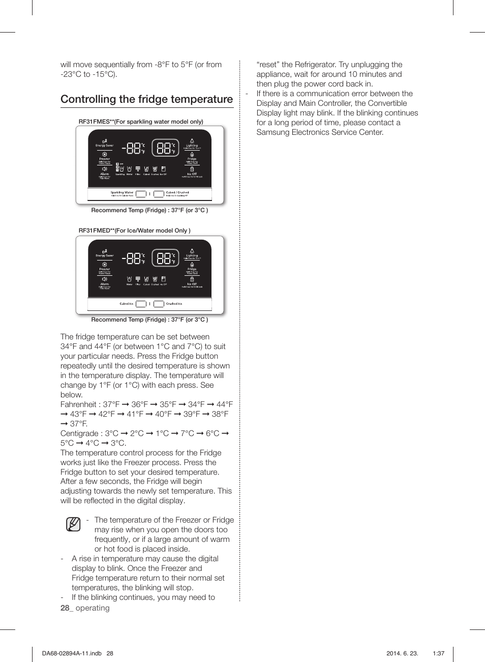 Controlling the fridge temperature | Samsung RF31FMEDBSR-AA User Manual | Page 28 / 156