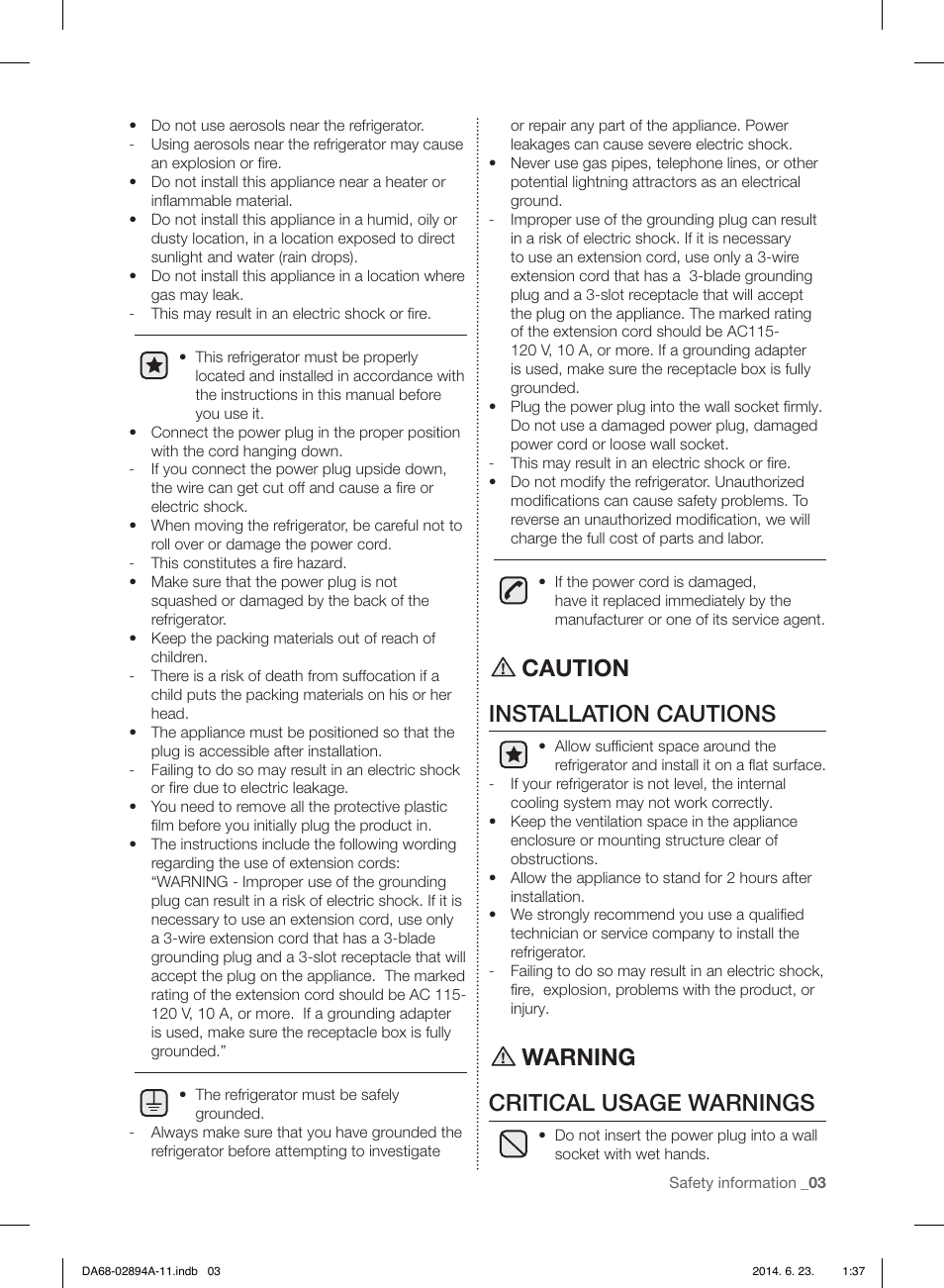 Caution installation cautions, Warning critical usage warnings | Samsung RF31FMEDBSR-AA User Manual | Page 3 / 156