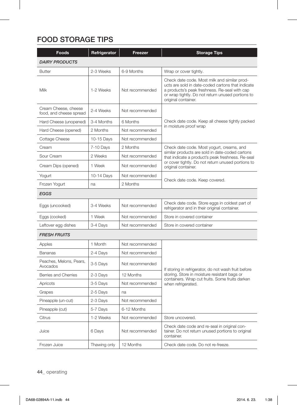 Food storage tips | Samsung RF31FMEDBSR-AA User Manual | Page 44 / 156