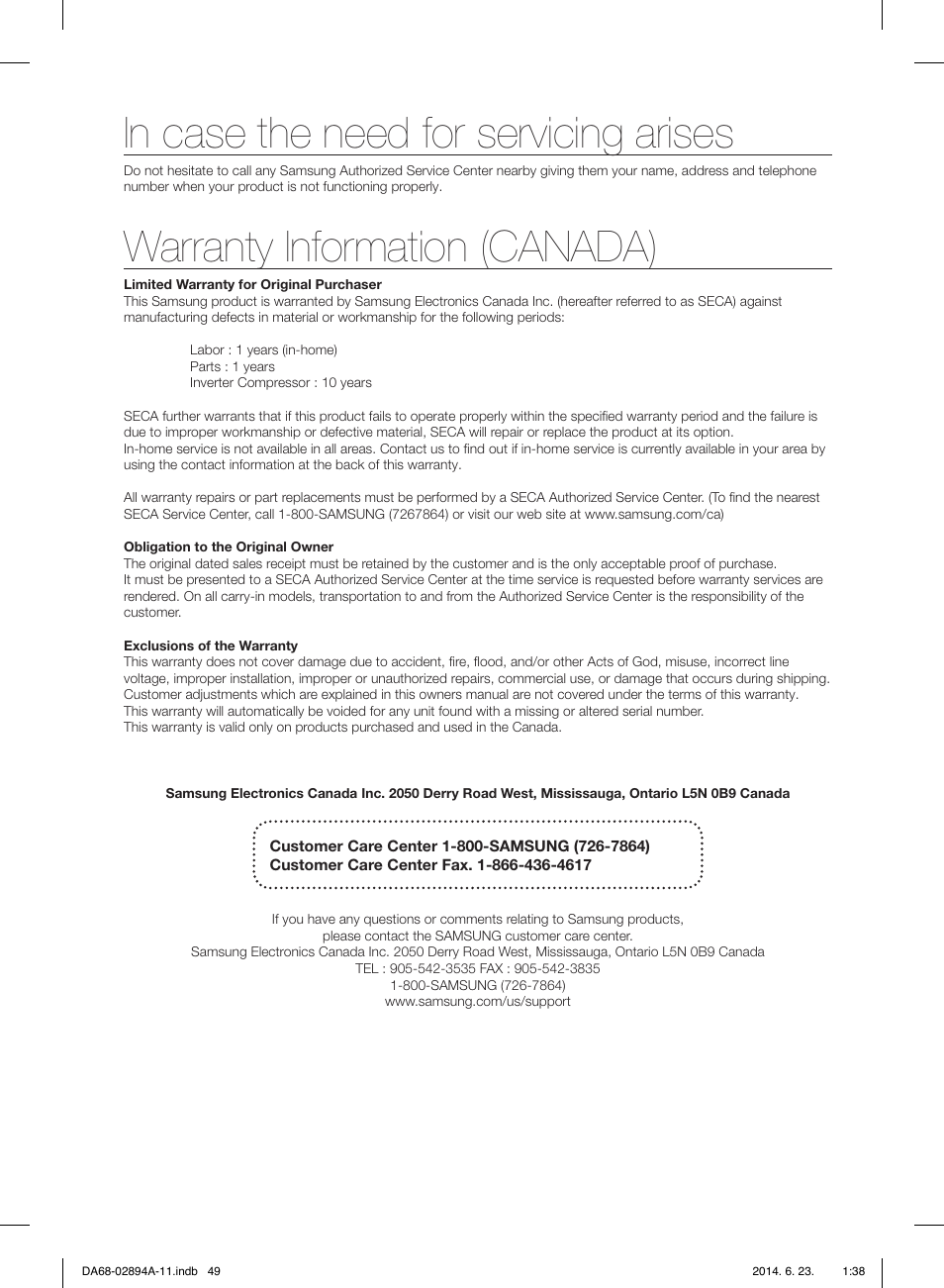 Warranty information (canada) | Samsung RF31FMEDBSR-AA User Manual | Page 49 / 156