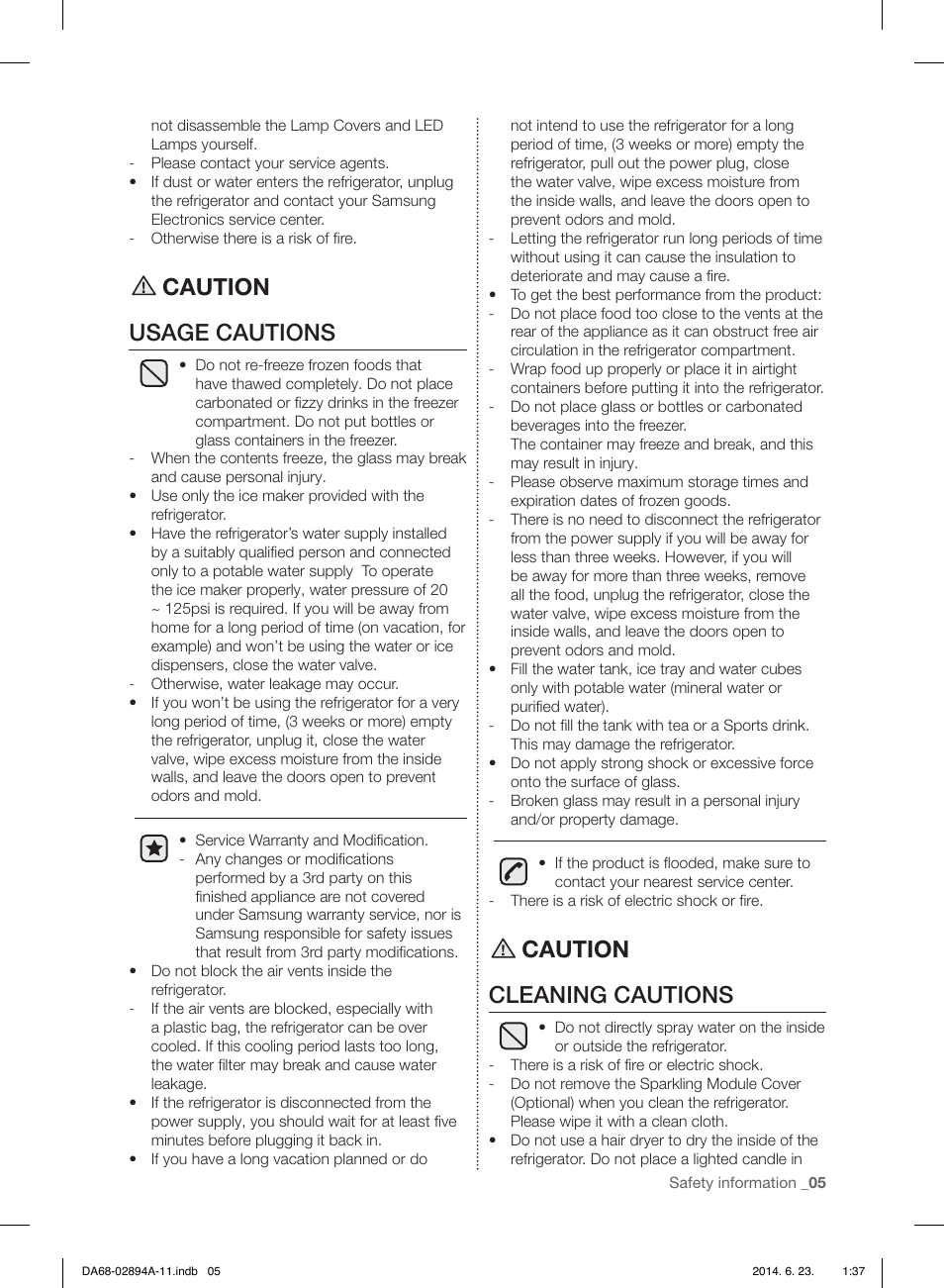 Caution usage cautions, Caution cleaning cautions | Samsung RF31FMEDBSR-AA User Manual | Page 5 / 156