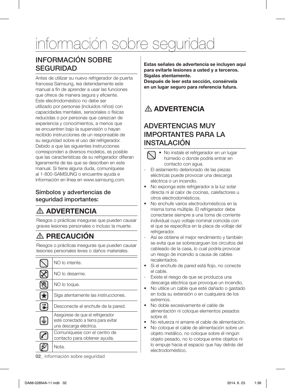 Información sobre seguridad, Advertencia, Precaución | Samsung RF31FMEDBSR-AA User Manual | Page 54 / 156