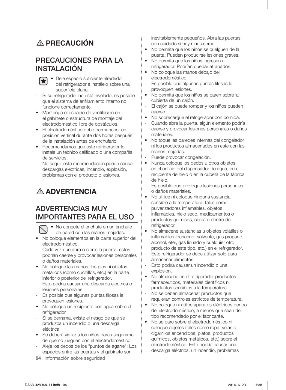 Precaución precauciones para la instalación | Samsung RF31FMEDBSR-AA User Manual | Page 56 / 156