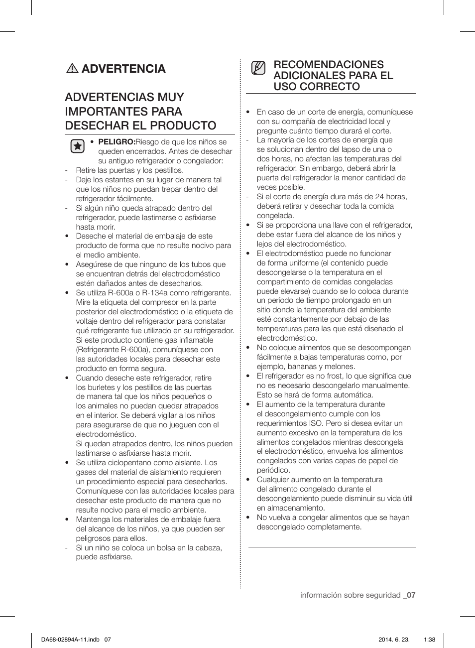 Recomendaciones adicionales para el uso correcto | Samsung RF31FMEDBSR-AA User Manual | Page 59 / 156