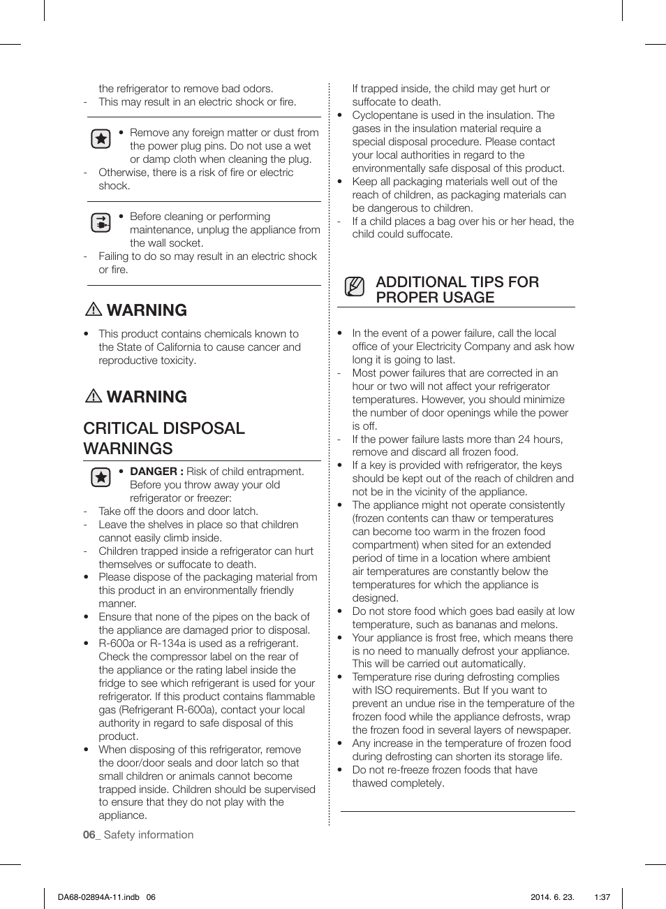 Warning, Warning critical disposal warnings, Additional tips for proper usage | Samsung RF31FMEDBSR-AA User Manual | Page 6 / 156