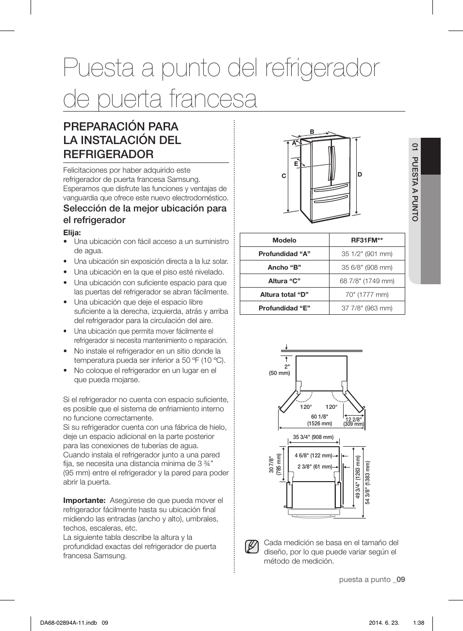 Puesta a punto del refrigerador de puerta francesa, Preparación para la instalación del refrigerador | Samsung RF31FMEDBSR-AA User Manual | Page 61 / 156