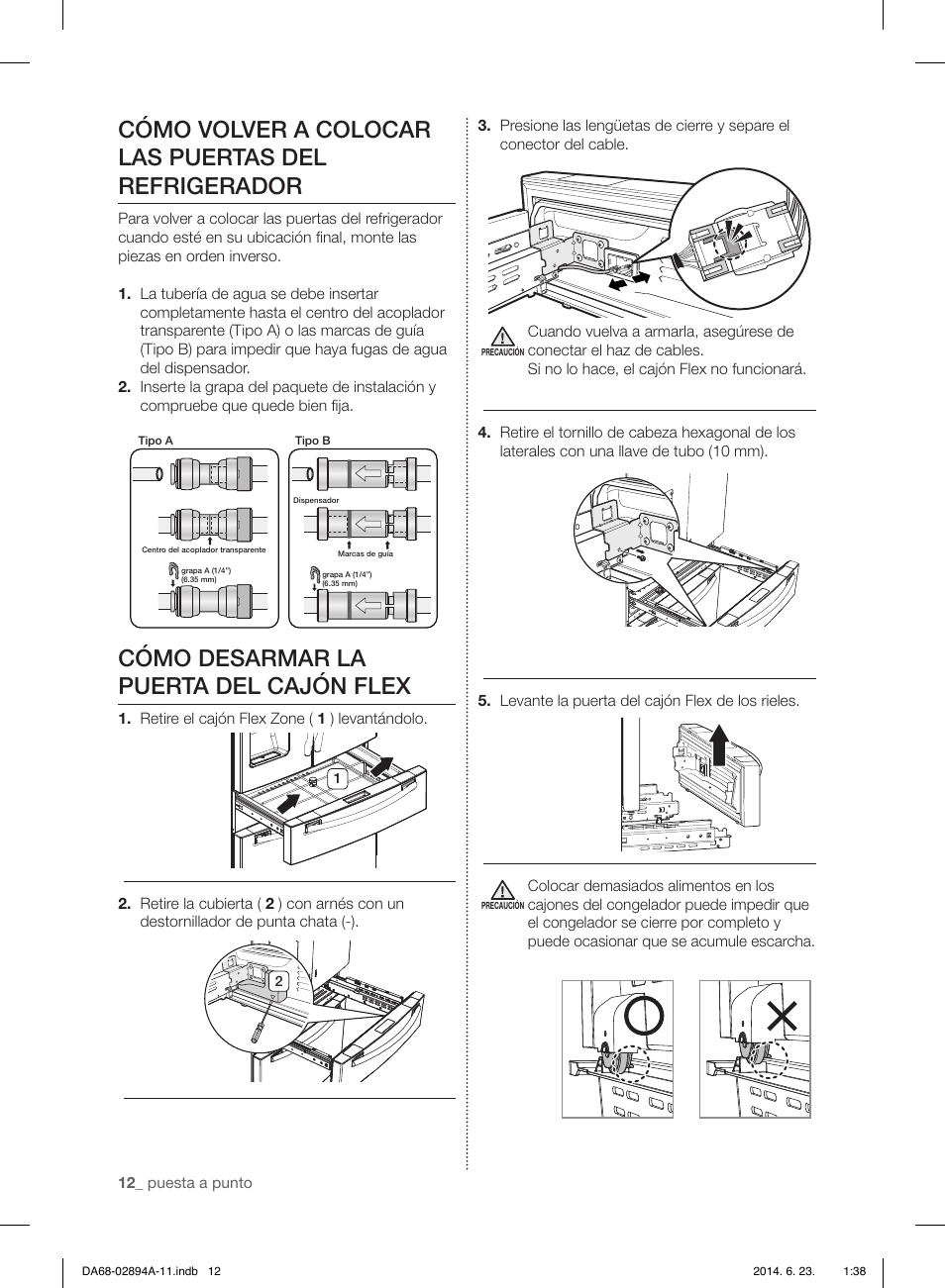 Cómo volver a colocar las puertas del refrigerador, Cómo desarmar la puerta del cajón flex | Samsung RF31FMEDBSR-AA User Manual | Page 64 / 156