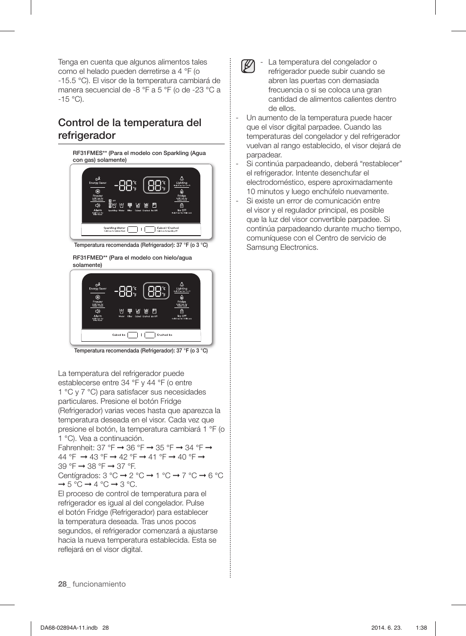 Control de la temperatura del refrigerador | Samsung RF31FMEDBSR-AA User Manual | Page 80 / 156