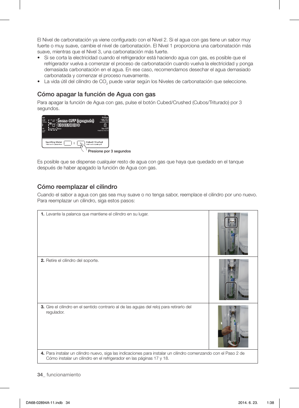 Cómo apagar la función de agua con gas, Cómo reemplazar el cilindro | Samsung RF31FMEDBSR-AA User Manual | Page 86 / 156