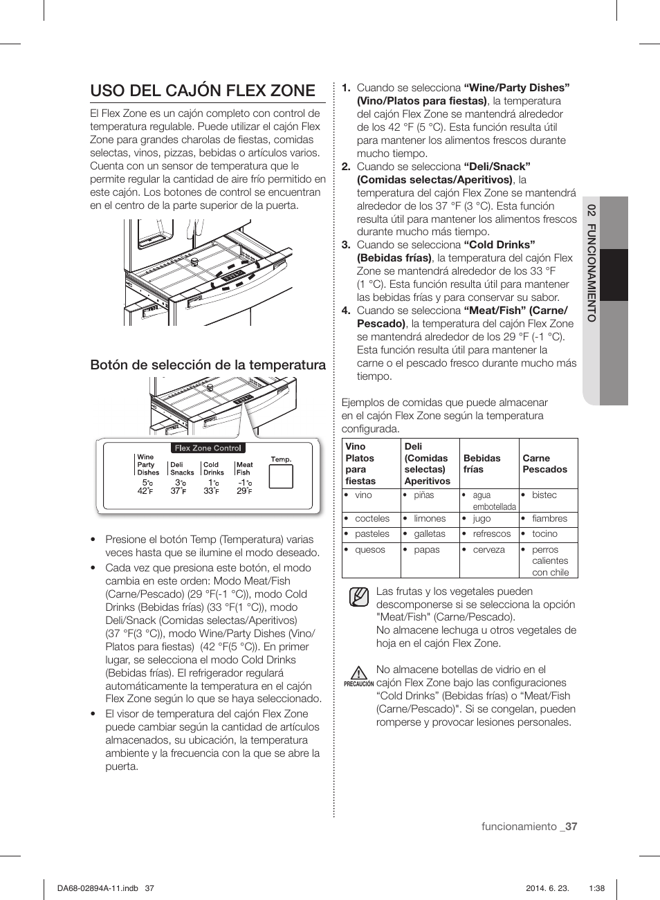 Uso del cajón flex zone, Botón de selección de la temperatura | Samsung RF31FMEDBSR-AA User Manual | Page 89 / 156