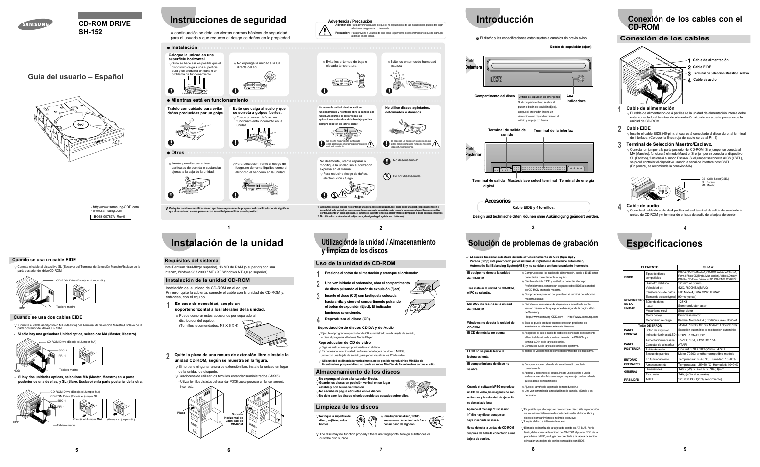 Instrucciones de seguridad, Introducción, Instalación de la unidad | Especificaciones, Conexión de los cables con el cd-rom, Solución de problemas de grabación, Guía del usuario – español, Cd-rom drive sh-152, Accesorios, Conexión de los cables | Samsung SH-152A-CSWE User Manual | Page 2 / 2