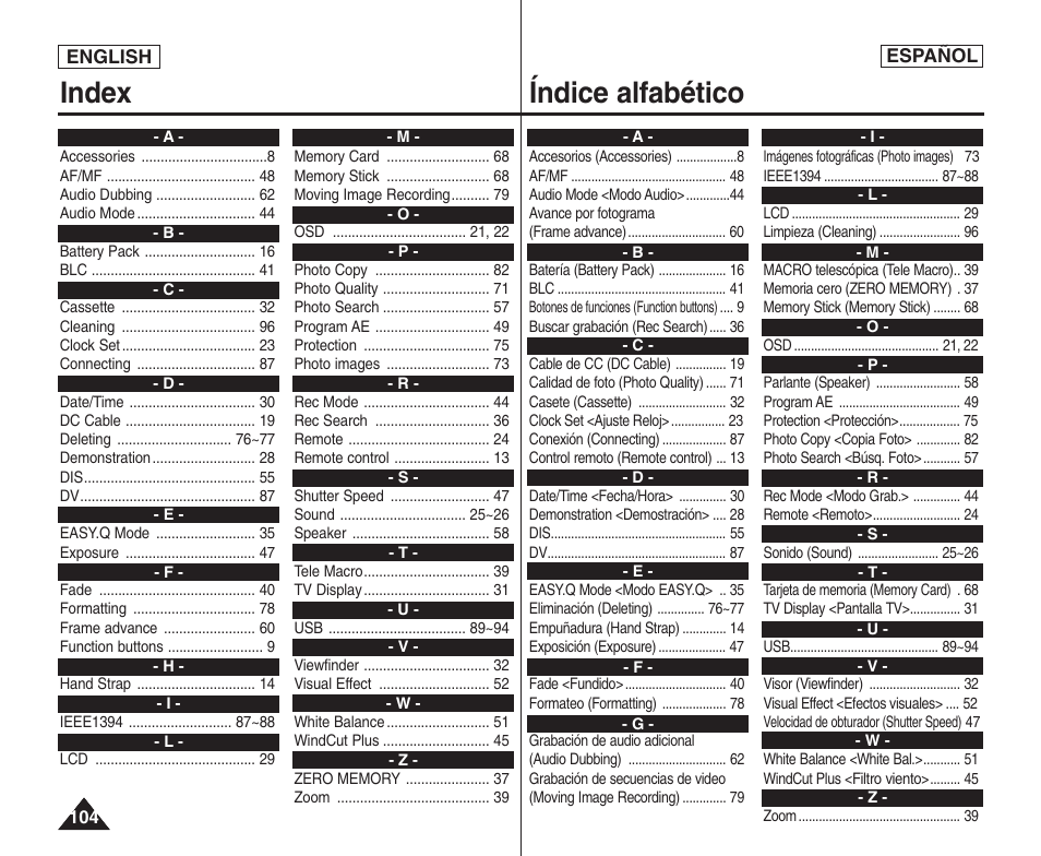 Index índice alfabético | Samsung SC-D364-XAP User Manual | Page 104 / 106