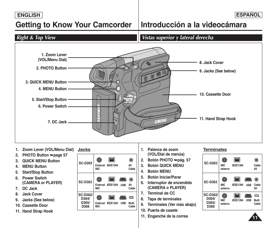 Right & top view vistas superior y lateral derecha, English español | Samsung SC-D364-XAP User Manual | Page 11 / 106