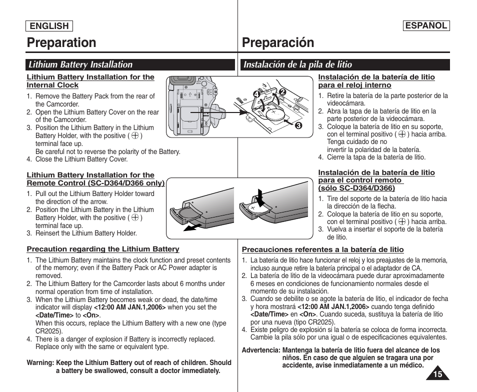 Preparation preparación, Lithium battery installation, Instalación de la pila de litio | Samsung SC-D364-XAP User Manual | Page 15 / 106