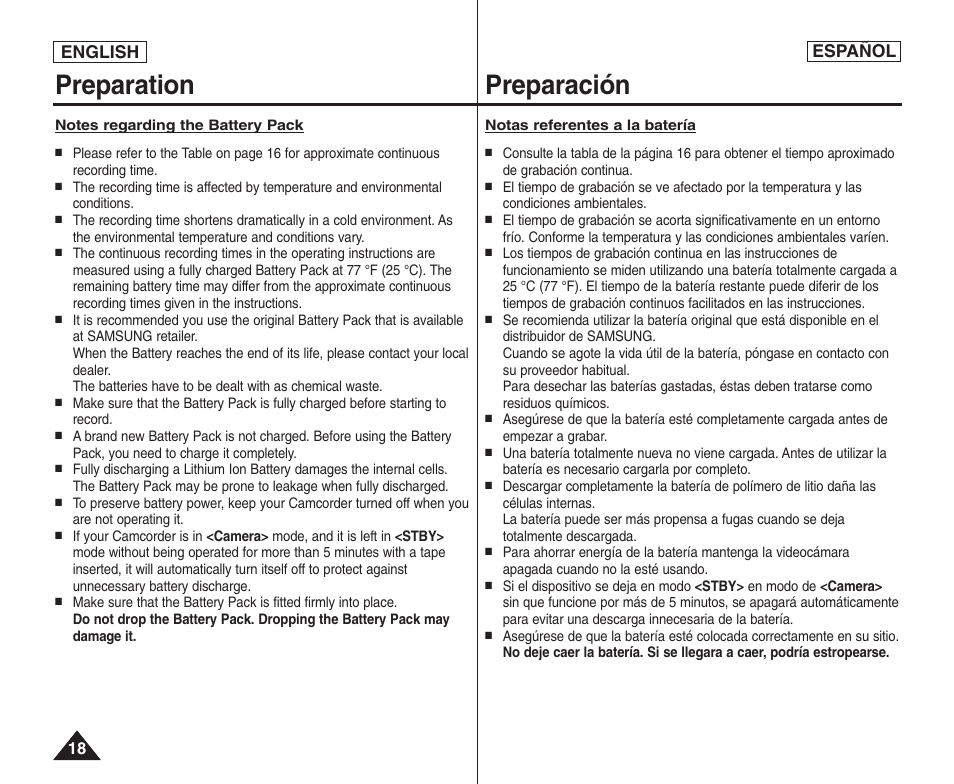 Preparation preparación, English español | Samsung SC-D364-XAP User Manual | Page 18 / 106