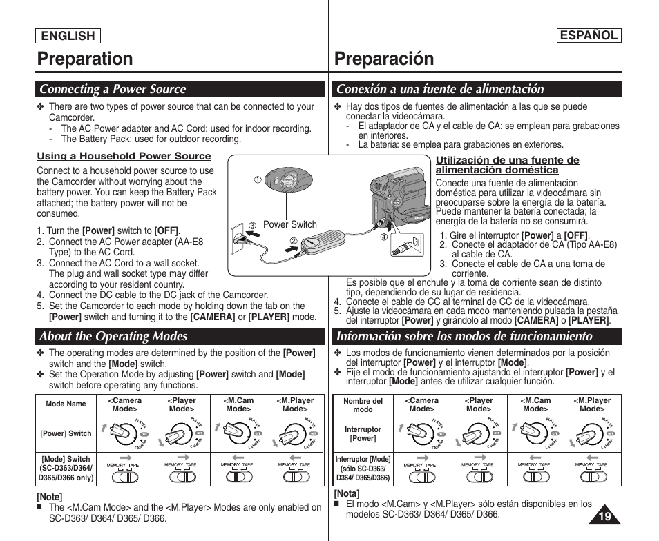 Preparation preparación, English español, Playe r ca m er a power switch | Samsung SC-D364-XAP User Manual | Page 19 / 106