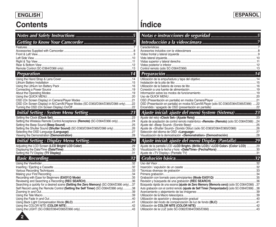 Contents índice | Samsung SC-D364-XAP User Manual | Page 2 / 106