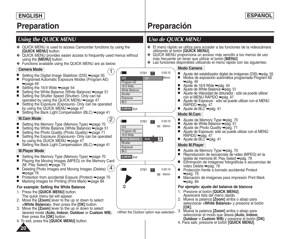 Preparation preparación, Using the quick menu, Uso de quick menu | English español | Samsung SC-D364-XAP User Manual | Page 20 / 106