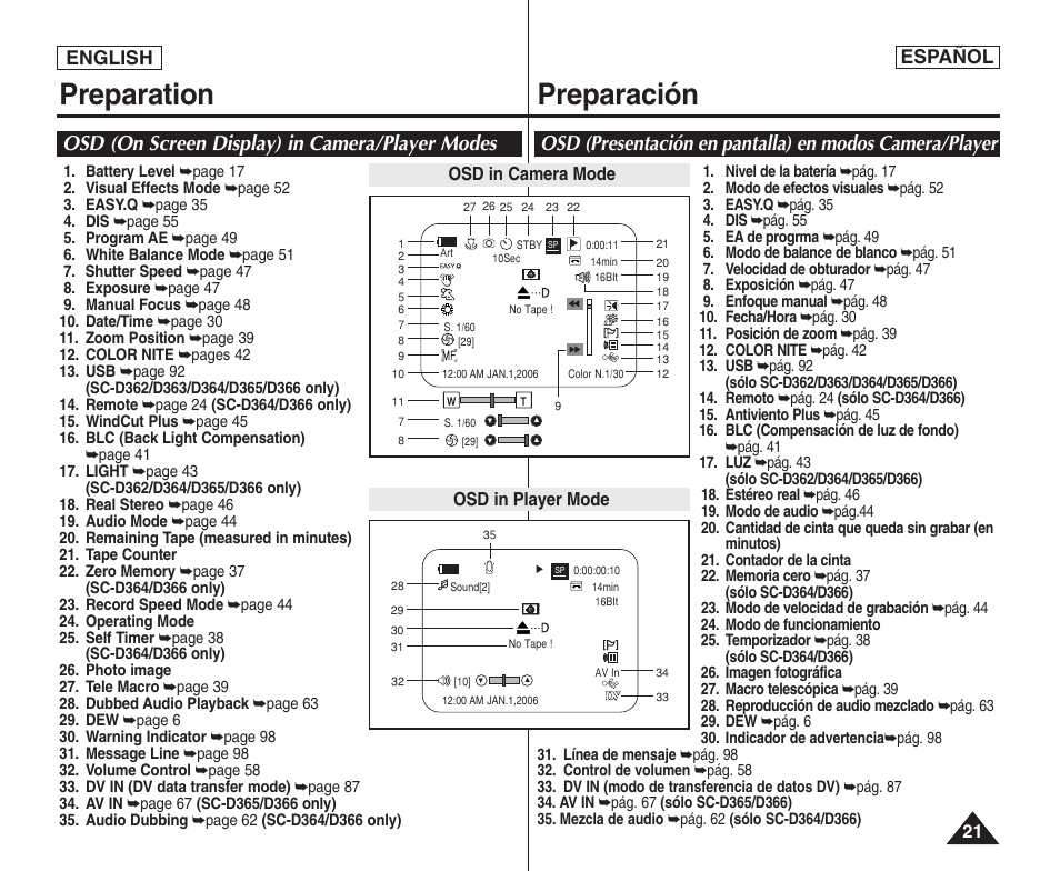 Preparation preparación, Osd (on screen display) in camera/player modes, English español | Samsung SC-D364-XAP User Manual | Page 21 / 106