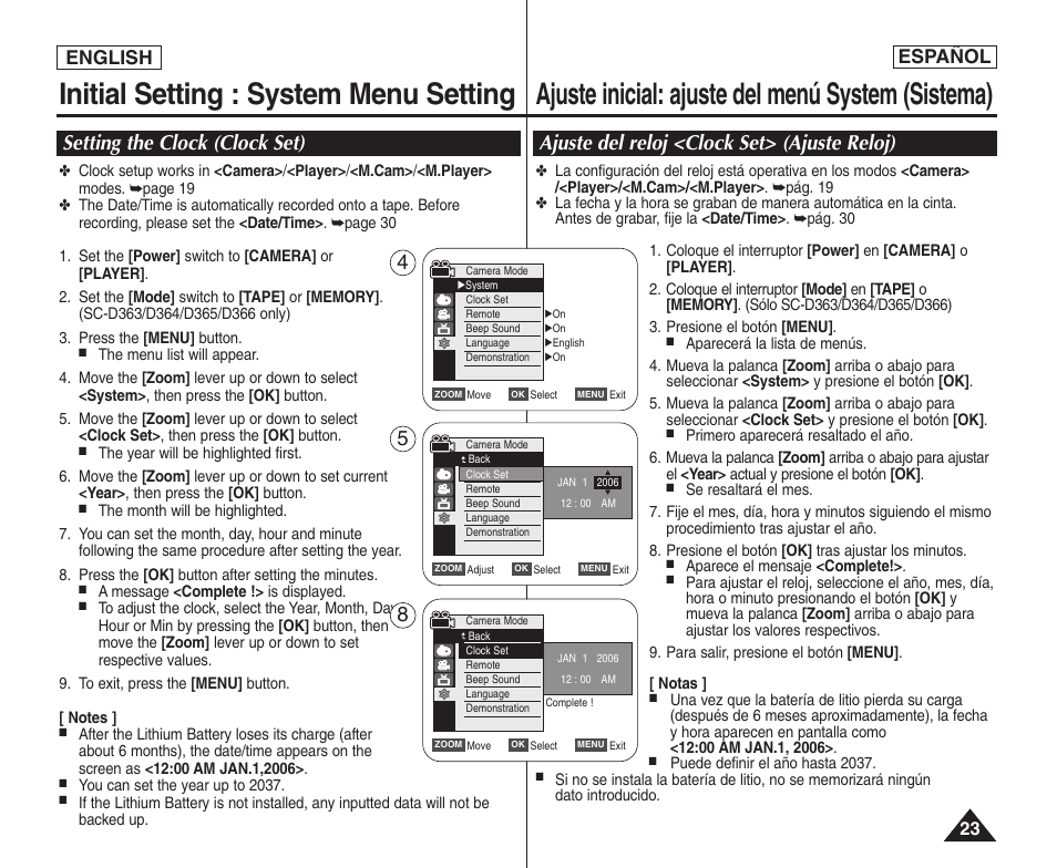 Ajuste del reloj <clock set> (ajuste reloj), Setting the clock (clock set), English español | Samsung SC-D364-XAP User Manual | Page 23 / 106