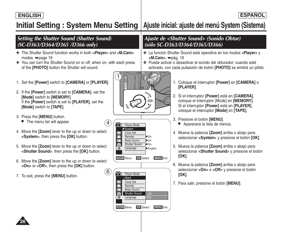 Initial setting : system menu setting, Ajuste inicial: ajuste del menú system (sistema), English español | Samsung SC-D364-XAP User Manual | Page 26 / 106