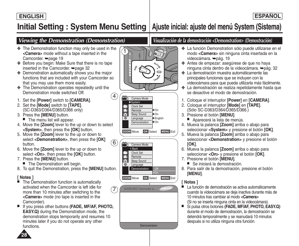 Initial setting : system menu setting, Ajuste inicial: ajuste del menú system (sistema), Viewing the demonstration (demonstration) | English español | Samsung SC-D364-XAP User Manual | Page 28 / 106