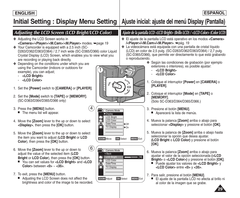 Initial setting : display menu setting, Ajuste inicial: ajuste del menú display (pantalla), Adjusting the lcd screen (lcd bright/lcd color) | English español | Samsung SC-D364-XAP User Manual | Page 29 / 106