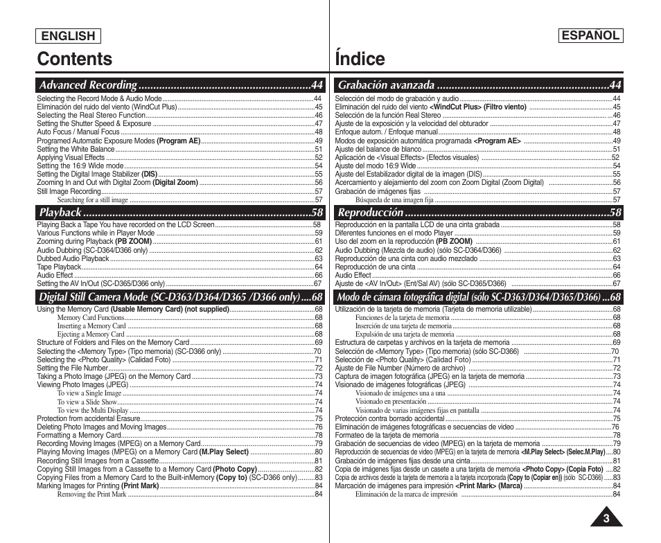 Contents índice | Samsung SC-D364-XAP User Manual | Page 3 / 106