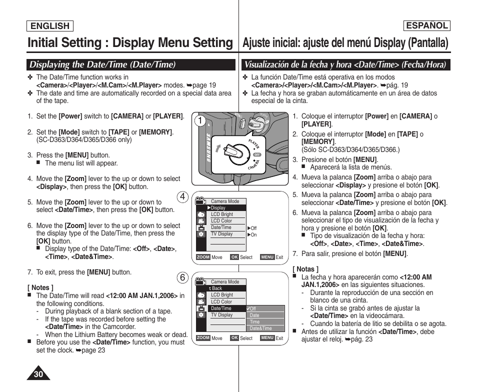 Initial setting : display menu setting, Ajuste inicial: ajuste del menú display (pantalla), Displaying the date/time (date/time) | English español | Samsung SC-D364-XAP User Manual | Page 30 / 106