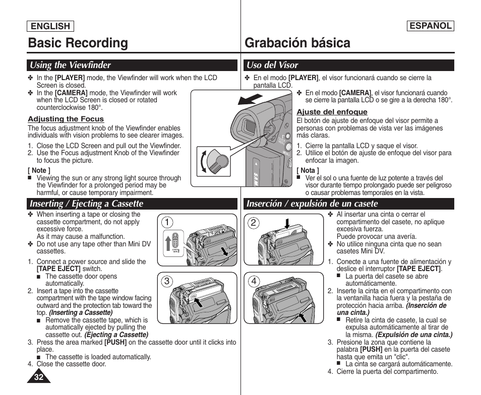 Basic recording, Grabación básica, Uso del visor inserción / expulsión de un casete | Samsung SC-D364-XAP User Manual | Page 32 / 106