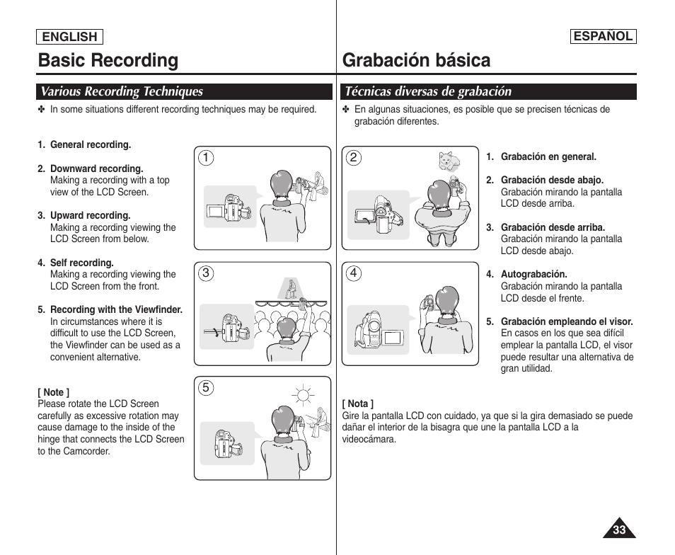 Basic recording, Grabación básica | Samsung SC-D364-XAP User Manual | Page 33 / 106