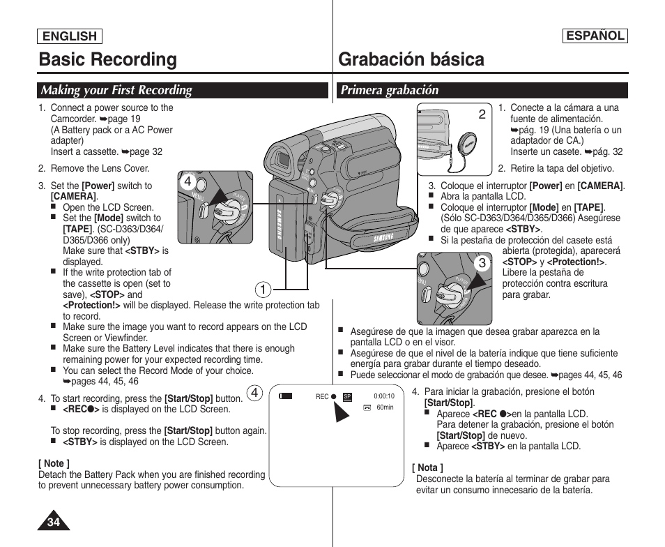 Basic recording, Grabación básica, Making your first recording | Primera grabación, English español | Samsung SC-D364-XAP User Manual | Page 34 / 106