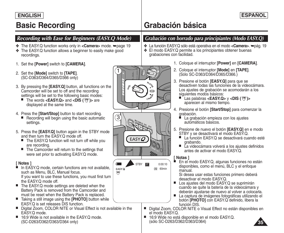 Basic recording, Grabación básica, Recording with ease for beginners (easy.q mode) | English español | Samsung SC-D364-XAP User Manual | Page 35 / 106