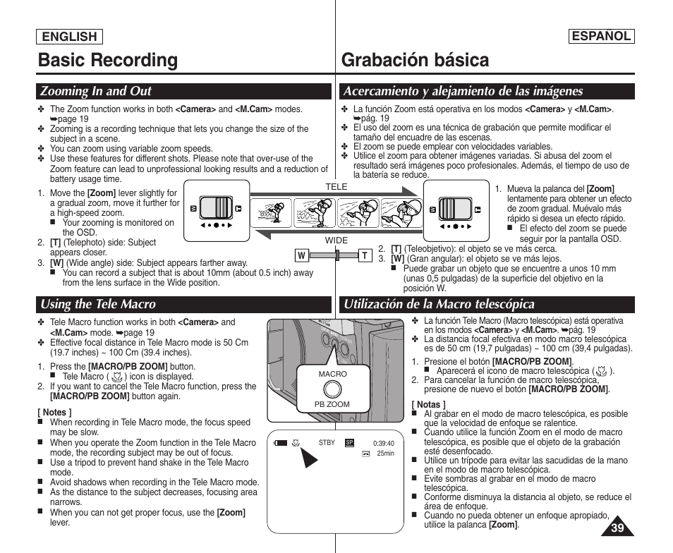 Basic recording, Grabación básica, Zooming in and out using the tele macro | English español | Samsung SC-D364-XAP User Manual | Page 39 / 106