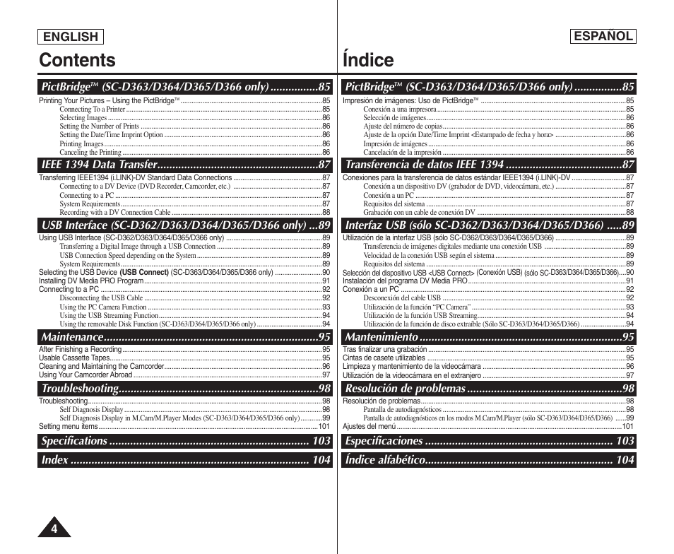 Contents índice, English, Español | Samsung SC-D364-XAP User Manual | Page 4 / 106